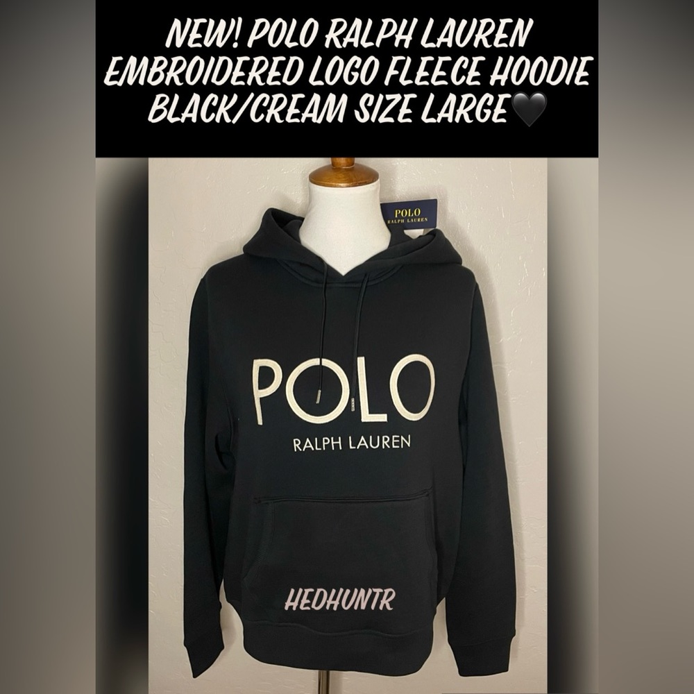 🎉HP🎉New! Polo Ralph Lauren Embroidered Logo Fleece Hoodie Black/Cream Size Large